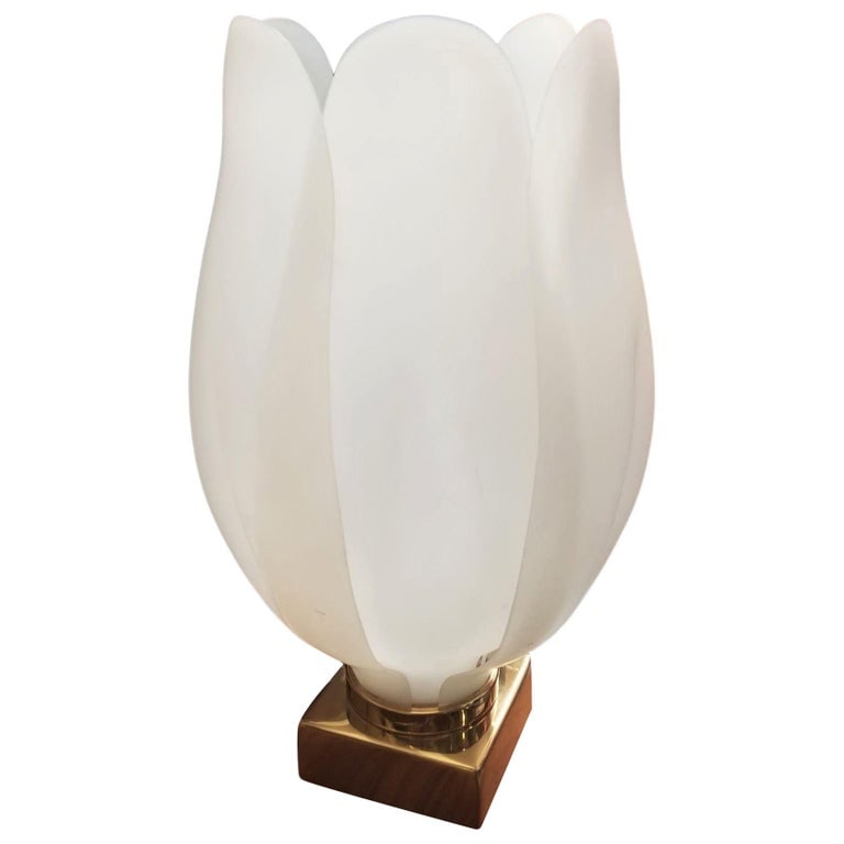 Oversized Acrylic Tulip Lamp in the style of Roger Rougier: Vintage oversized 24" tall acrylic tulip flower lamp featuring a blooming acrylic tulip-like shade made up of 6 hand-shaped semi-translucent flower petals fixed to a brass base. The lamp takes a singl