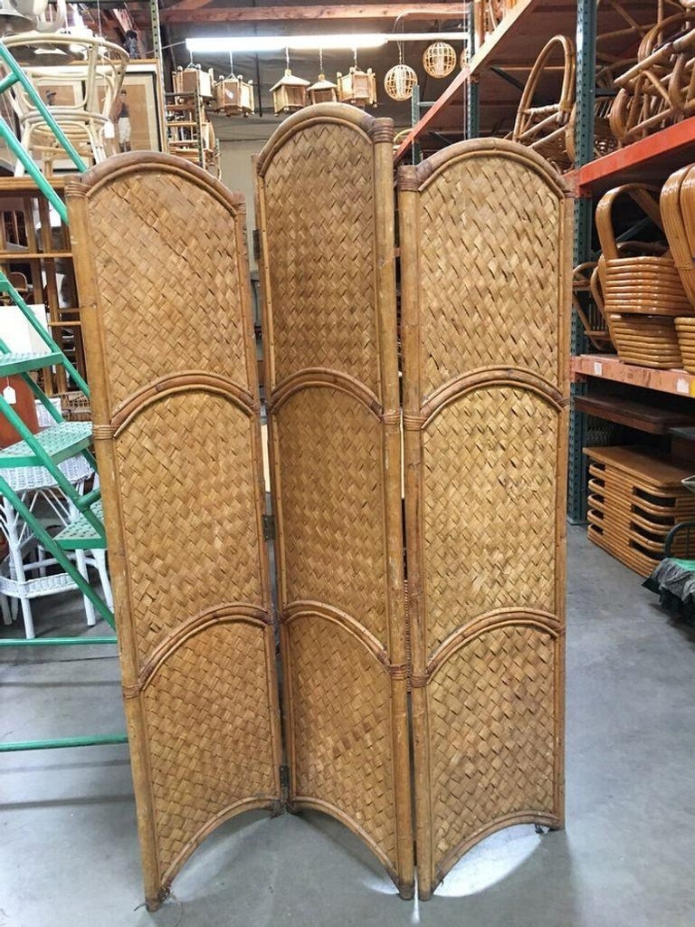 3 Panel Arched Wicker Woven & Rattan Folding Screen - 2