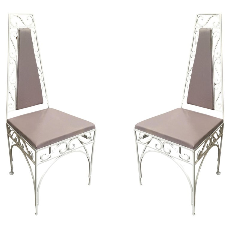 Mid-Century Modernist High Back Chair with Scrolling Pattern, Set of Two: Set of two midcentury dining chairs with scrolling patterns and grey seats. Reserve: $720.00 Shipping: Domestic: Shipping rates are determined by destination International: Foreign shipping rates are