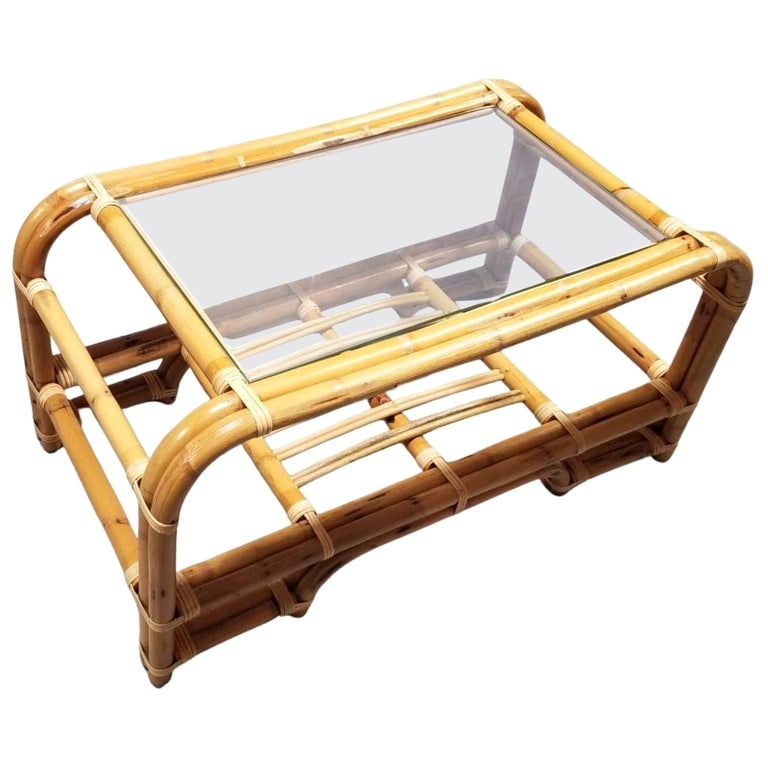 Restored 2-Tiered Rattan Coffee Table w/ Glass Top (1 of 6)