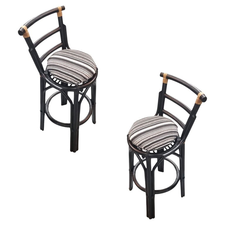 Restored Black Rattan Bar Stools Pair in the style of John Wisner (1 of 5)