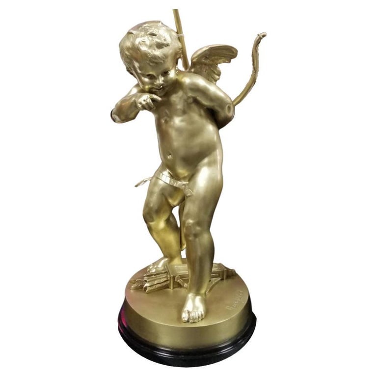 Restored Cherub Sculpture "Le Petit Malin" by Benoit Rougelet Converted Lamp: Solid bronze statue lamp "Le Petit Malin" Playful Cupid by Benoit Rougelet on a wooden base with two adjustable spotlight bulb sockets. Rougelet's cherubs sculptures are exquisite works of art,