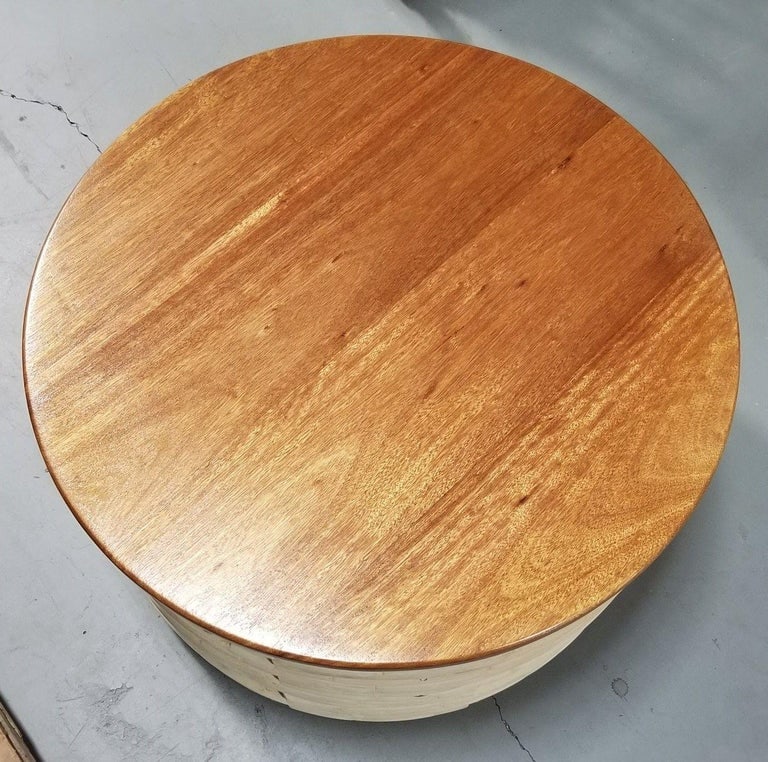 Restored Rattan White Natural Wood Stacked Round Coffee Table with Mahogany Top - 3