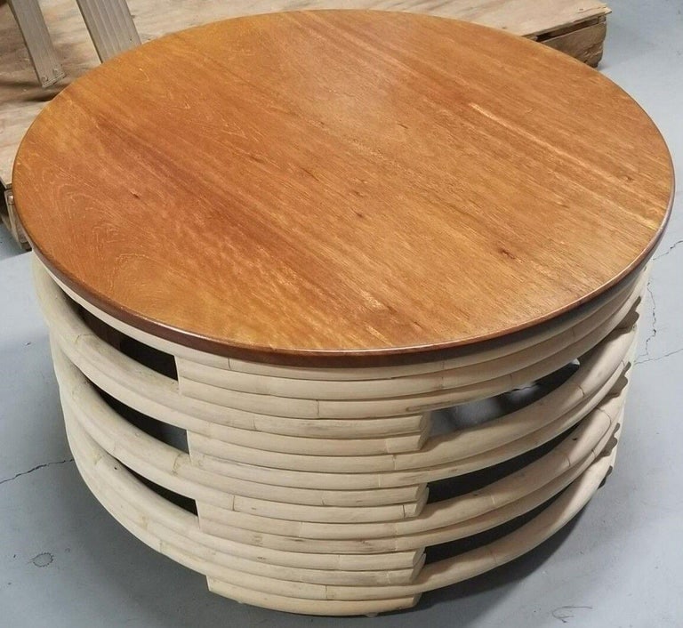 Restored Rattan White Natural Wood Stacked Round Coffee Table with Mahogany Top - 5