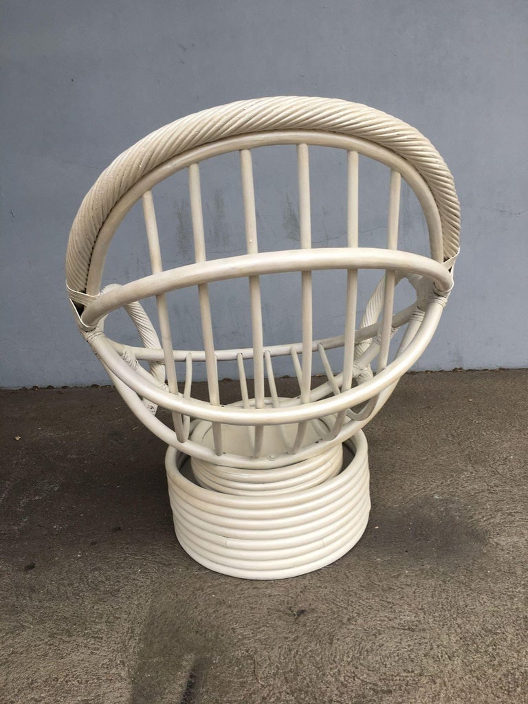 Restored White Rattan Bucket Lounge Chair W/ Swivel Base - 10