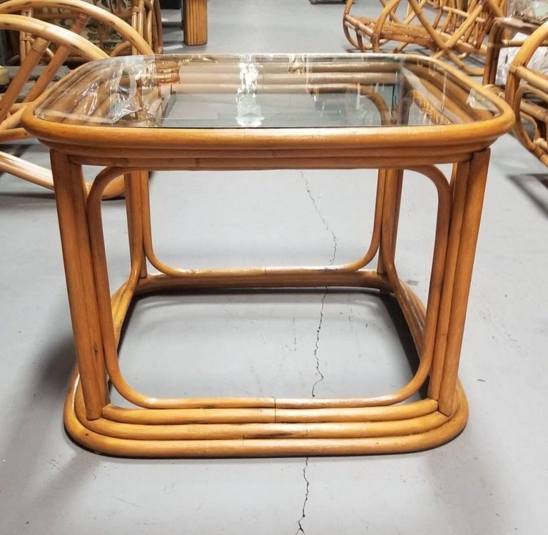 Restored Pair of 4-Strand Rattan Cubist Legs Coffee Table with Glass Tops - 2
