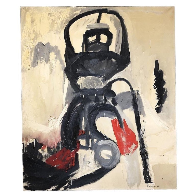 Abstract Robot Oil on Canvas Painting by artist Pasqual Bettio: Original artwork oil and canvas of an abstract resembling a robot by artist James Pasqual Bettio. 1964, United States, Signed- "Pasqual 64" Measurements: 39 inches wide, 46 inches high, and about 2 in