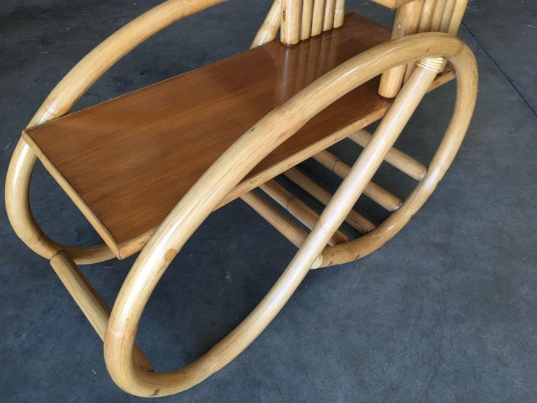 Restored 3/4 Round Pretzel Rattan Side Table w/ 2-Tier Mahogany Tops, Pair - 10