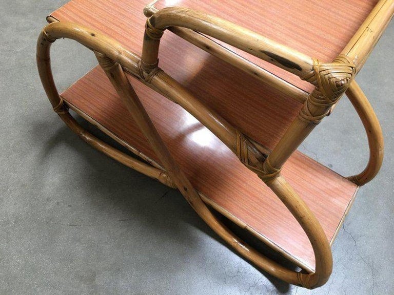 Restored 3/4 Pretzel Rattan Three-Tier Side Table, Pair - 10
