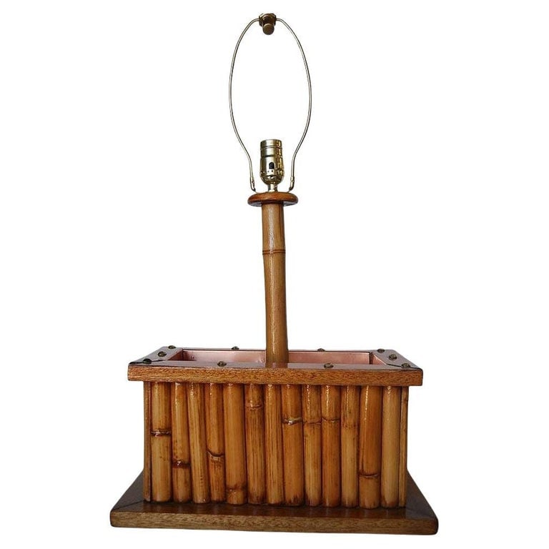 Restored Rare Rattan & Koa Wood Planter Table Lamp w/ Large Copper Accent: This beautifully rare restored rattan table lamp features a copper planter in the center with a Koa wood base, blending style and vintage charm with modern comfort. It takes one standard E26 American 