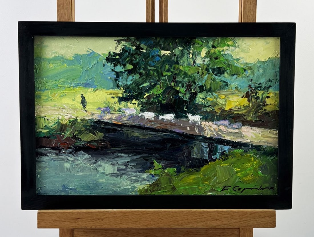 Oil painting White Goats Over the River Boris Serdyuk: Title: Oil painting White Goats Over the River Boris Serdyuk Description: NoAAA6683 Oil painting White Goats Over the River Boris Serdyuk is an expressive landscape capturing a quiet rural moment wher