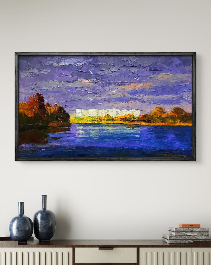 Oil painting New buildings across the river Boris Serdyuk - 2