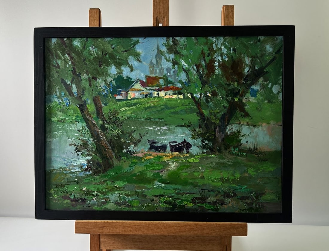 Oil painting Village river with two boats Yuriy Suprunchuk (1 of 10)