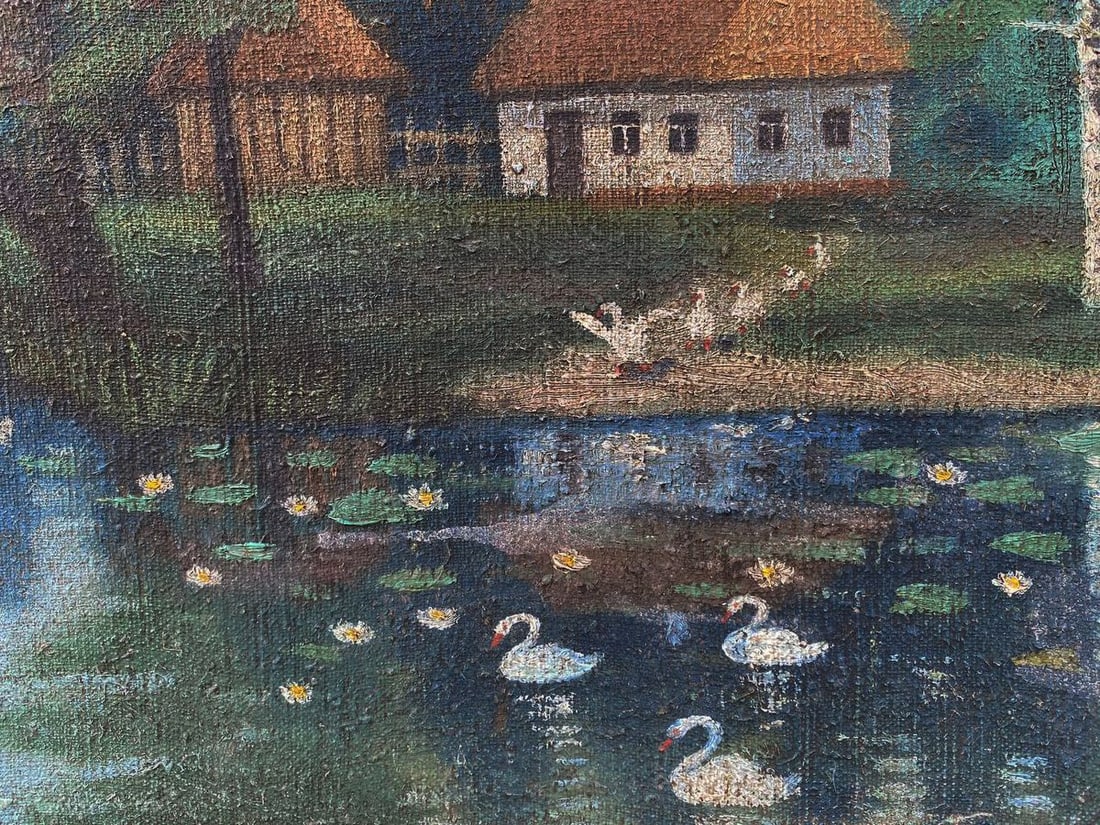 Oil painting Fisherman in a village river Unknown artist - 3
