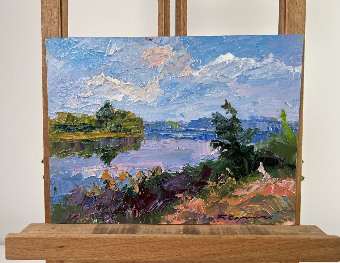 Oil painting Where the river whispers to the grass Boris Serdyuk: Title: Oil painting Where the river whispers to the grass Boris Serdyuk Description: NoAAA4781 The oil painting on Cardboard titled "Where the River Whispers to the Grass" captures a tranquil scene wh