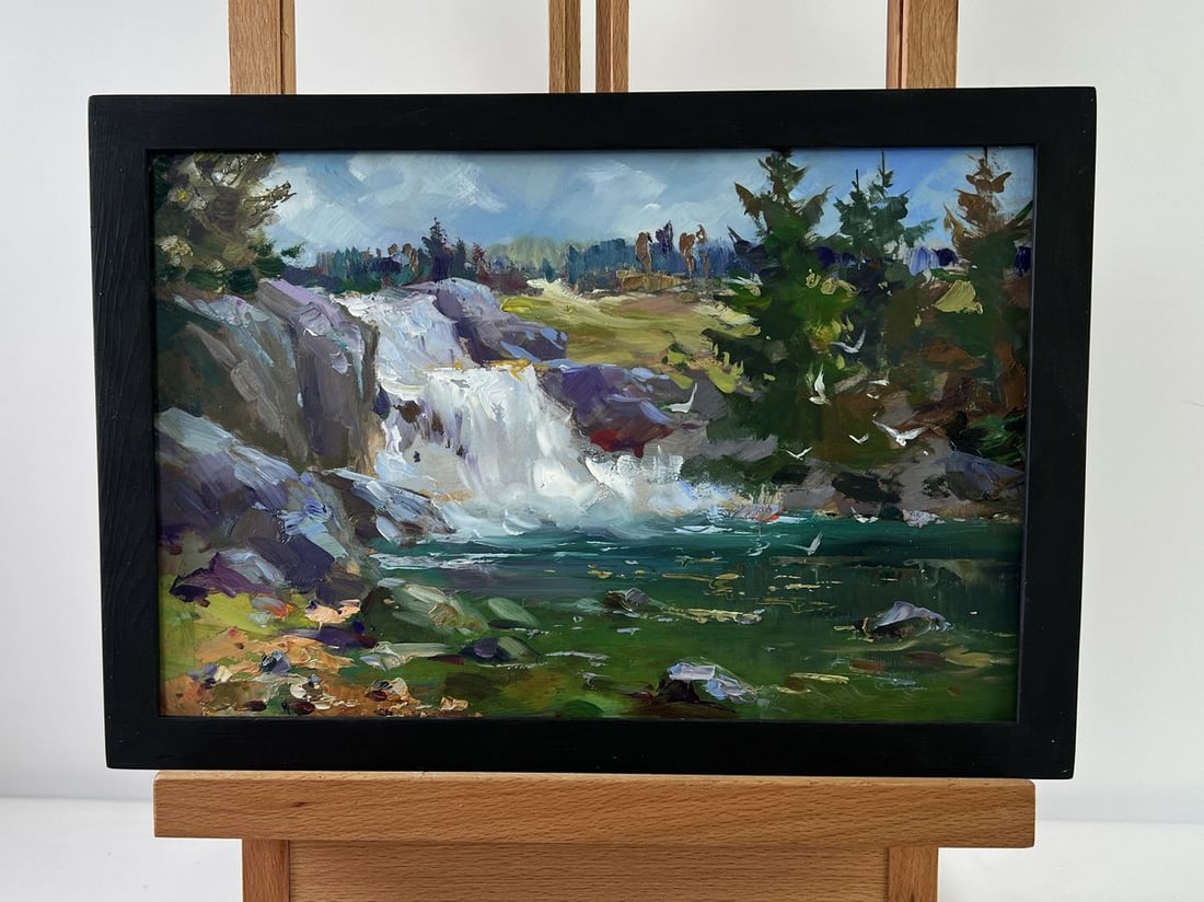 Oil painting Mountain waterfall Yuriy Suprunchuk: Title: Oil painting Mountain waterfall Yuriy Suprunchuk Description: NoAAA5295 The oil painting on Cardboard titled "Mountain Waterfall" is a vivid and emotive portrayal of nature's raw beauty, where 