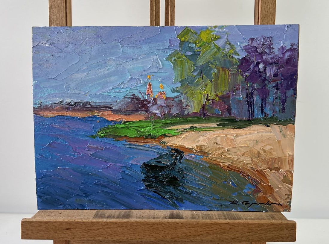 Oil painting Summer river bank Boris Serdyuk: Title: Oil painting Summer river bank Boris Serdyuk Description: NoAAA5313 The oil painting on Cardboard titled "Summer River Bank" invites the viewer into a vivid and warm riverside scene where the