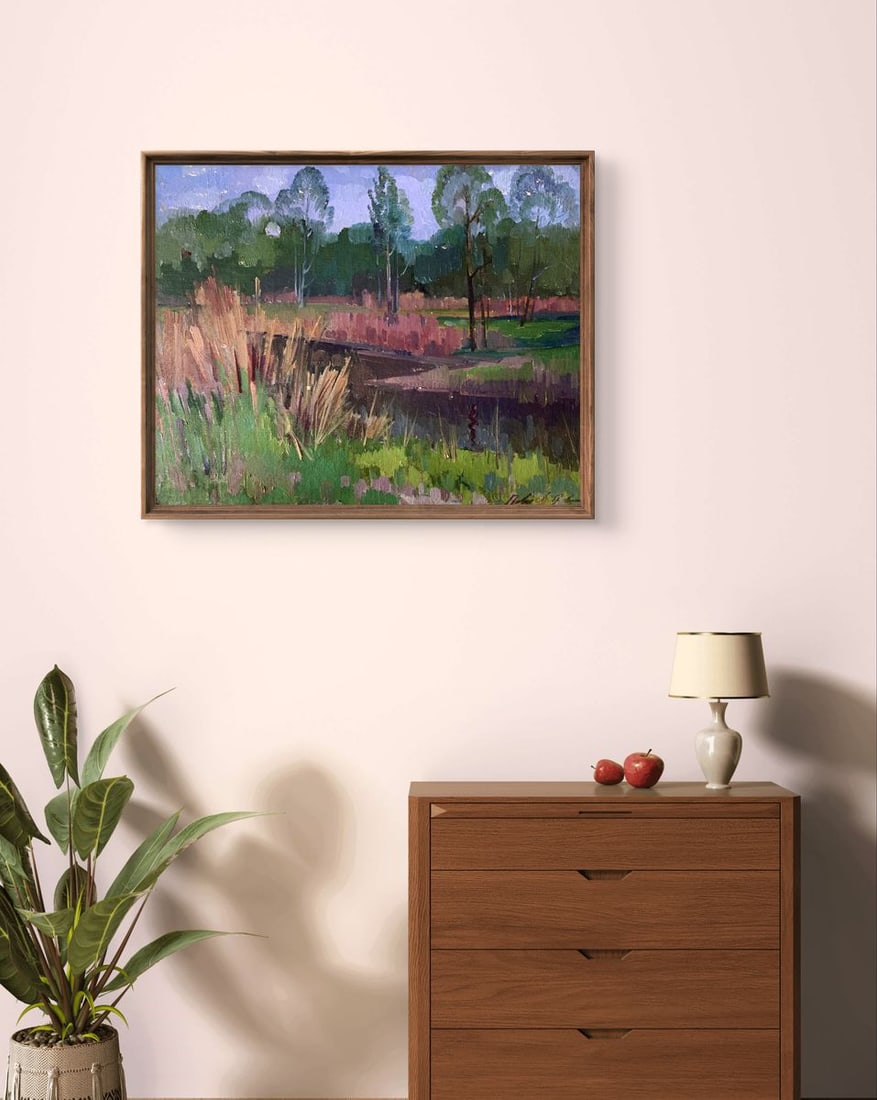 Oil painting There is a river in the forest Peter Tovpev - 2