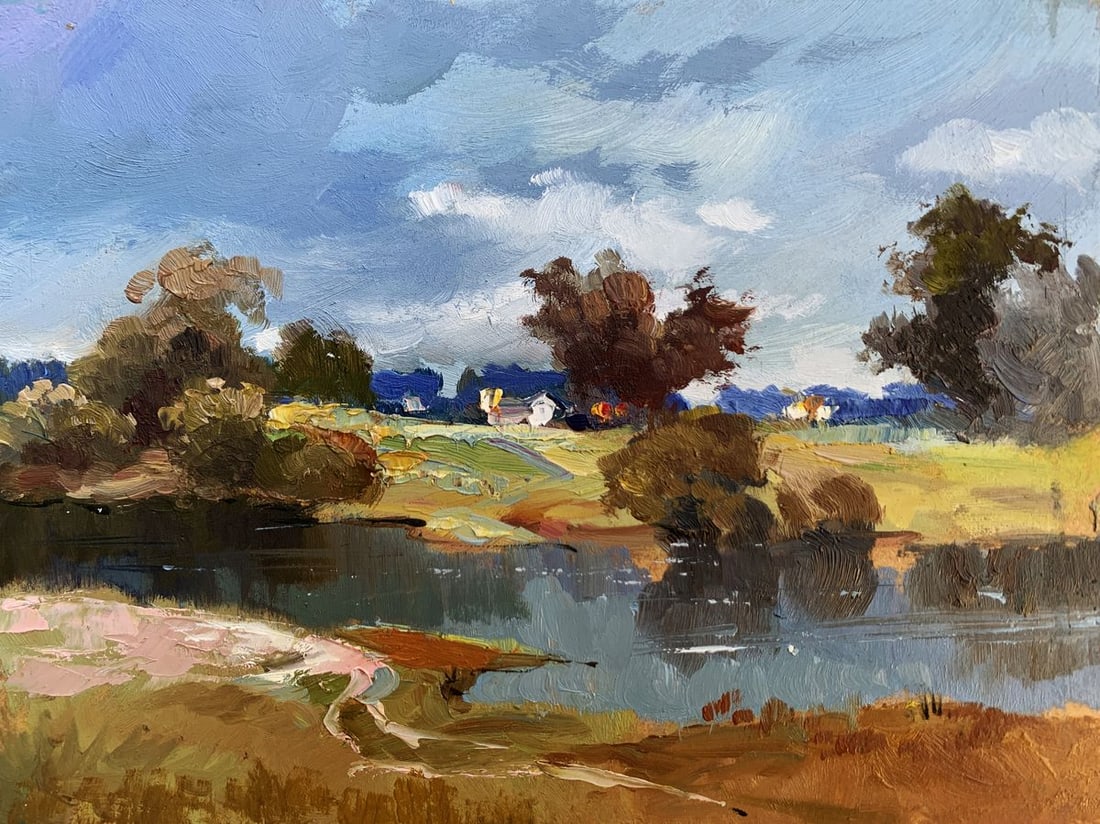 Oil painting River Silence Yuriy Suprunchuk: Title: Oil painting River Silence Yuriy Suprunchuk Description: NoAAA3634 The painting "River Silence" presents a tranquil and picturesque rural landscape, highlighting the serene beauty of a quiet