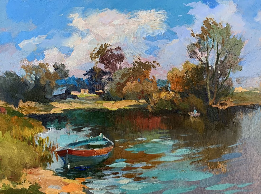 Oil painting Preparing for fishing Yuriy Suprunchuk: Title: Oil painting Preparing for fishing Yuriy Suprunchuk Description: NoAAA3636 The painting "Preparing for Fishing" beautifully captures the quiet anticipation of a tranquil day by the water, as a