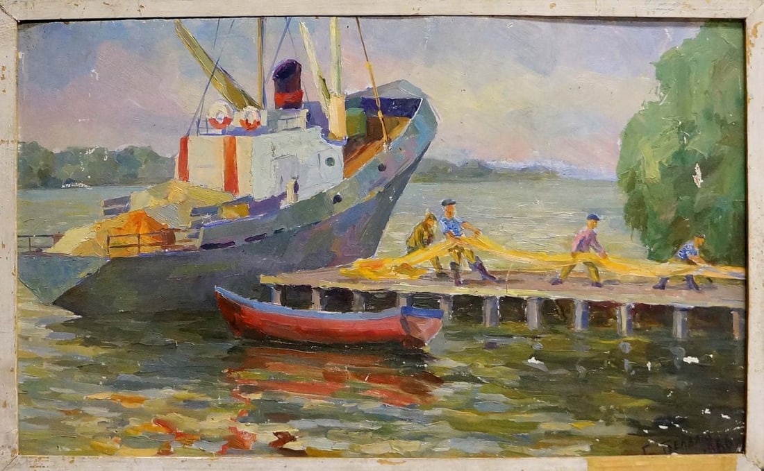 Oil painting Ship arrived Unknown artist (1 of 8)