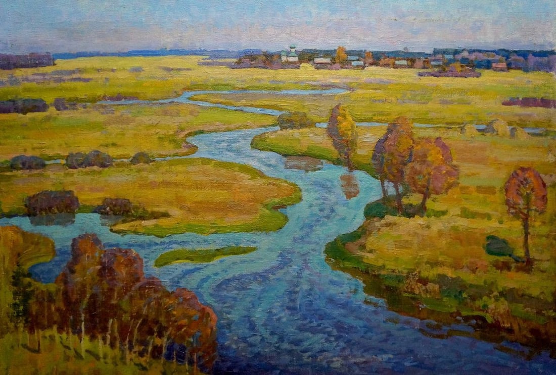 Oil painting River landscape Ruban Grigory Savelievich: Title: Oil painting River landscape Ruban Grigory Savelievich Description: NoVern 1575 *** ABOUT THIS PAINTING *** * TITLE: "River landscape" * ARTISTS: Ruban Grigory Savelievich * SIZE: 66x95 cm/'25.