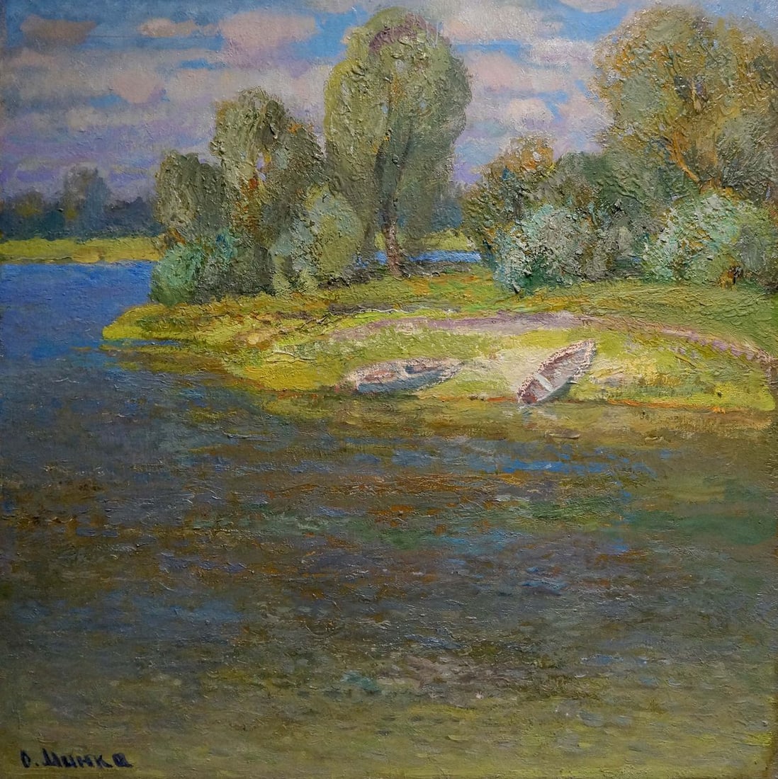 Oil painting River landscape Mynka Alexander Fedorovich: Title: Oil painting River landscape Mynka Alexander Fedorovich Description: NoVern 953 *** ABOUT THIS PAINTING *** * TITLE: "River landscape" * ARTISTS: Mynka Alexander Fedorovich * SIZE: 70x70 cm/'27