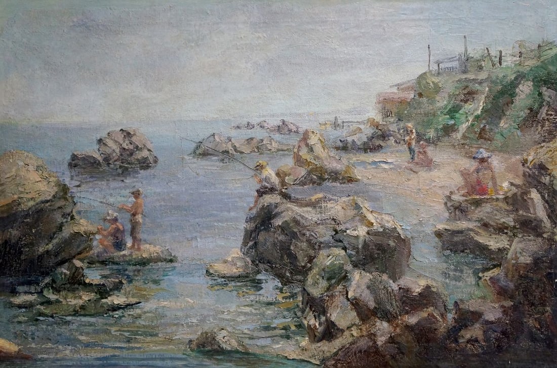 Oil painting Fishing: Title: Oil painting Fishing Description: NoVern 1086 *** ABOUT THIS PAINTING *** * TITLE: "Fishing" * ARTISTS: Unknown artist * SIZE: 38x58 cm/'14.96x22.83 inches' * MEDIUM: oil, canvas * HAND PAINTED