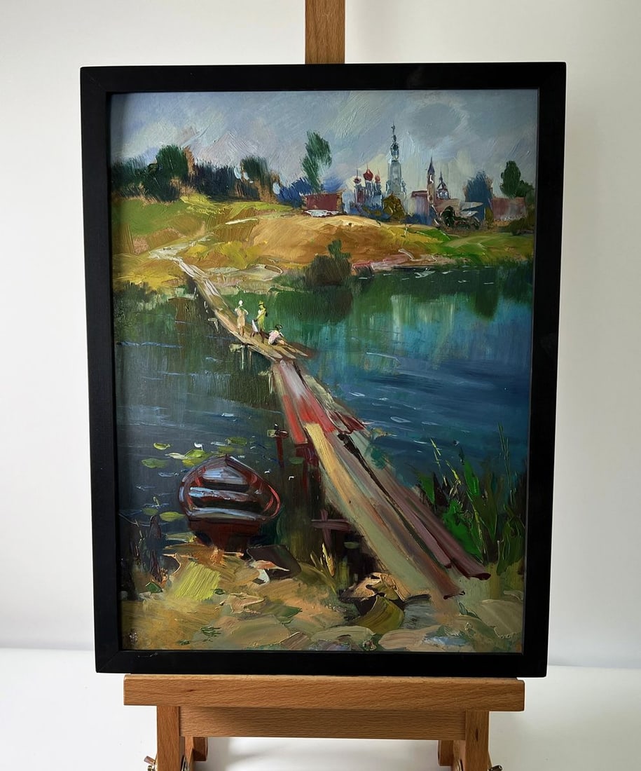 Oil painting Children are walking by the river Yuriy Suprunchuk: Title: Oil painting Children are walking by the river Yuriy Suprunchuk Description: NoAAA5671 The Oil painting Cardboard titled "Children are walking by the river" captures the timeless innocence of