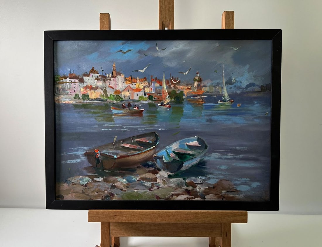 Oil painting View of Venice Yuriy Suprunchuk: Title: Oil painting View of Venice Yuriy Suprunchuk Description: NoAAA5685 The Oil painting Cardboard titled "View of Venice" invites the viewer into a vibrant and atmospheric seascape where the