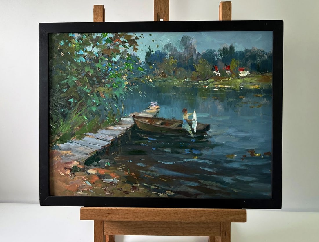 Oil painting Girl on a boat Yuriy Suprunchuk: Title: Oil painting Girl on a boat Yuriy Suprunchuk Description: NoAAA5687 The Oil painting Cardboard titled "Girl on a boat" unfolds a tender and lyrical moment set against the backdrop of a quiet ri