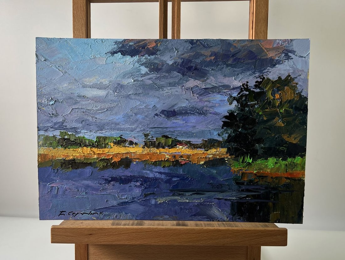 Oil painting A river near a field Boris Serdyuk: Title: Oil painting A river near a field Boris Serdyuk Description: NoAAA5722 The Oil painting Cardboard titled "A river near a field" conveys a dramatic yet serene view of nature where the flowing