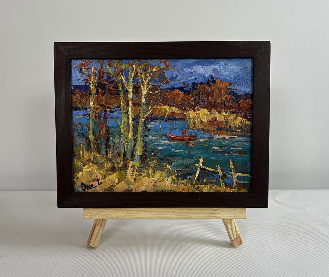 Oil painting Autumn river waters Oksana Kalenyuk: Title: Oil painting Autumn river waters Oksana Kalenyuk Description: NoAAA4512 The painting "Autumn River Waters" beautifully captures the essence of a tranquil autumn day along a flowing river, where