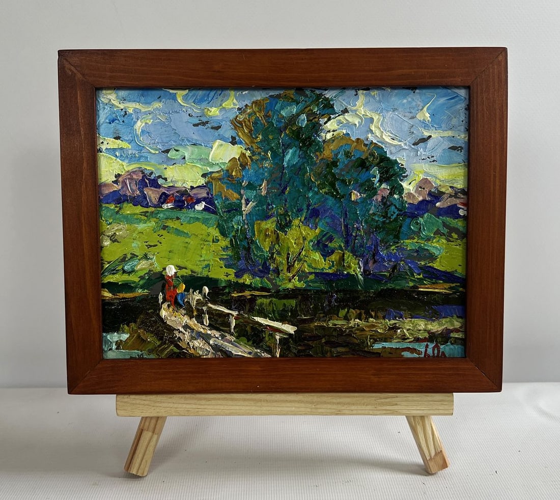 Oil painting On the spring river Alex Kalenyuk: Title: Oil painting On the spring river Alex Kalenyuk Description: NoAAA4720 The oil painting on cardboard titled "On the Spring River" vividly captures the serene beauty of a countryside scene, where