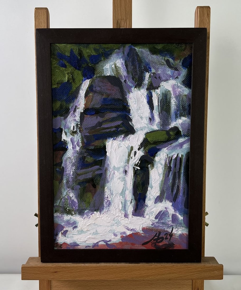 Acrylic painting The sound of water among the rocks Mykhailo Patskan: Title: Acrylic painting The sound of water among the rocks Mykhailo Patskan Description: NoAAA4875 The acrylic painting on cardboard titled "The Sound of Water Among the Rocks" captures the vibrant sp