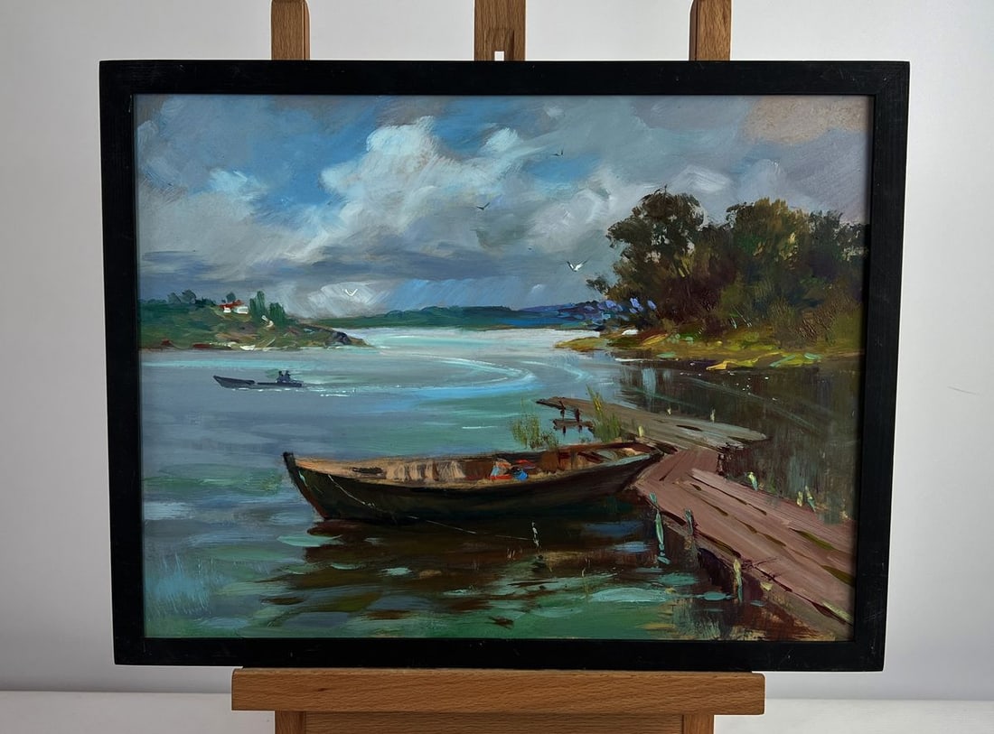 Oil painting On a long river journey Yuriy Suprunchuk: Title: Oil painting On a long river journey Yuriy Suprunchuk Description: NoAAA4995 The oil painting on cardboard titled "On a long river journey" captures the serene beauty and quiet adventure of lif