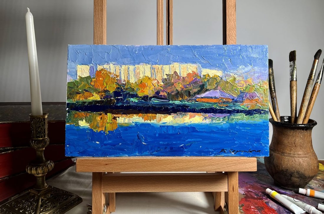 Oil painting Overlooking the city river Boris Serdyuk: Title: Oil painting Overlooking the city river Boris Serdyuk Description: NoAAA3678 "Overlooking the City River" is a striking Oil painting on cardboard that vividly captures the contrast between