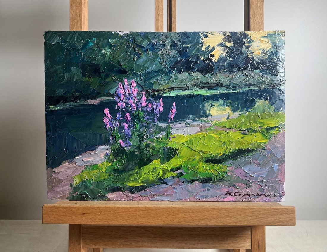 Oil painting Near the summer river Boris Serdyuk: Title: Oil painting Near the summer river Boris Serdyuk Description: NoAAA3717 The painting "Near the Summer River" beautifully captures a moment of tranquility and natural harmony. The artist uses th