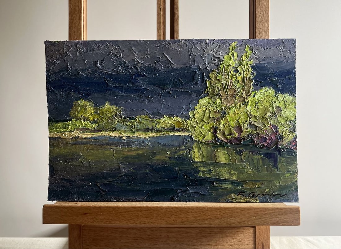 Oil painting Evening after a thunderstorm Boris Serdyuk: Title: Oil painting Evening after a thunderstorm Boris Serdyuk Description: NoAAA3727 The oil painting on cardboard, titled "Evening After a Thunderstorm", captures the breathtaking contrast between