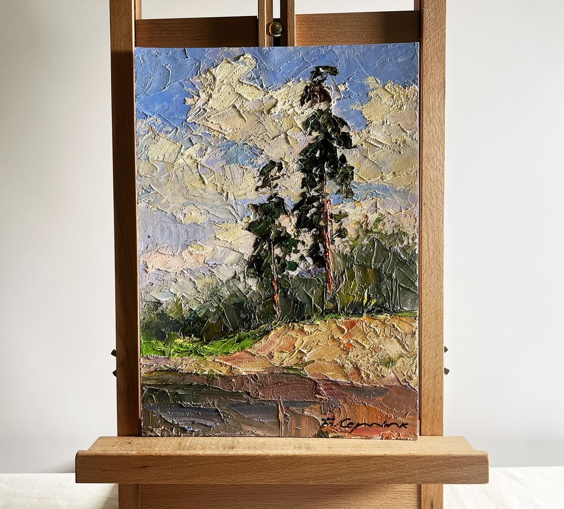 Oil painting Sand cliff by the river Boris Serdyuk: Title: Oil painting Sand cliff by the river Boris Serdyuk Description: NoAAA3743 The oil painting on cardboard, titled "Sand Cliff by the River", captures the quiet grandeur of a natural landscape whe