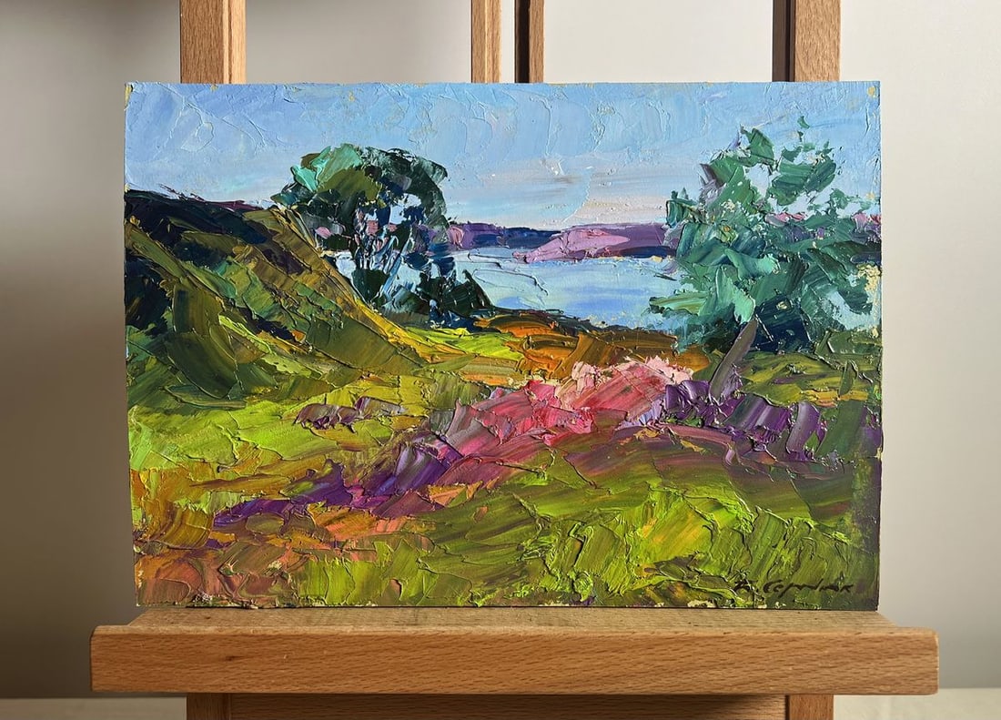 Oil painting The road to the river Boris Serdyuk: Title: Oil painting The road to the river Boris Serdyuk Description: NoAAA3802 This oil painting cardboard, titled "The road to the river", the composition is well-balanced, guiding the viewer's eye