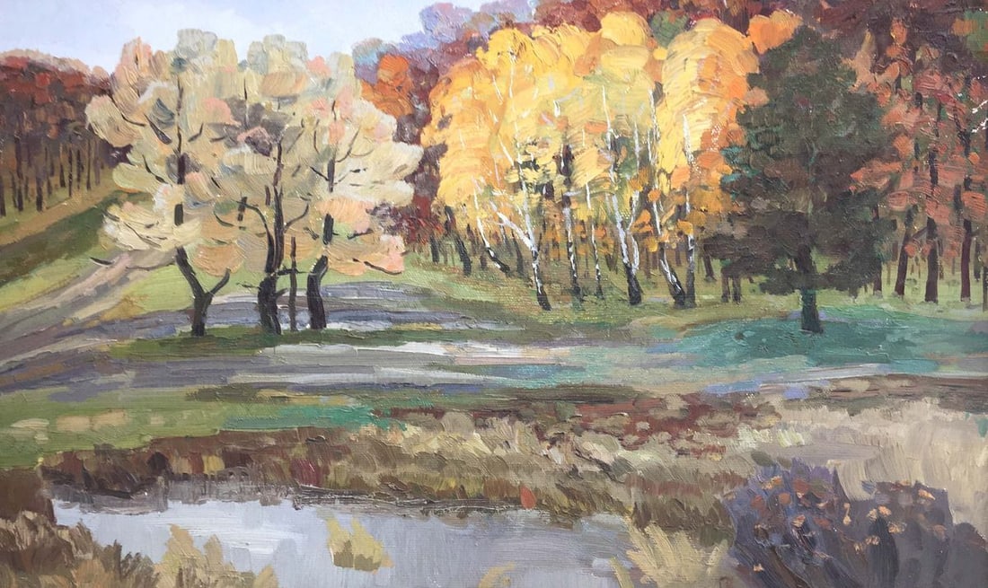 Autumn forest oil painting: Title: Autumn forest oil painting Description: No251 * TITLE: "Autumn forest" * ARTISTS: Dyachenko Vladimir Nikolaevich * SIZE: 50x80 cm/'19,68x31,49 inches' * MEDIUM: oil, canvas * HAND PAINTED: