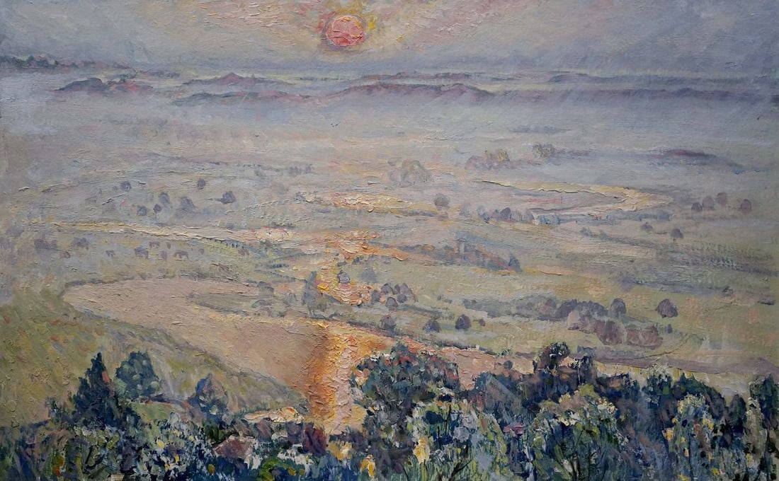 Oil painting Sunset: Title: Oil painting Sunset Description: NoVerns 228 *** ABOUT THIS PAINTING *** * TITLE: "Sunset" * ARTISTS: Unknown artist * SIZE: 50x80 cm/'19.68x31.49 inches' * MEDIUM: oil, cardboard * HAND PAINTE
