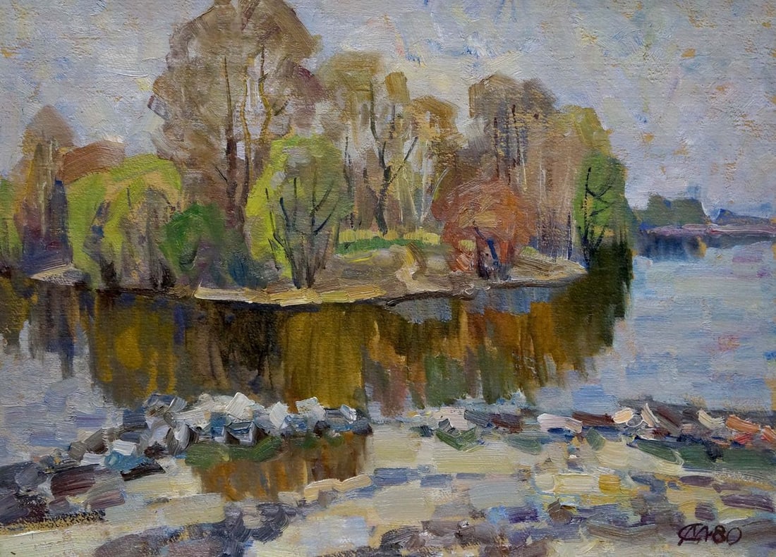 Oil painting River landscape: Title: Oil painting River landscape Description: NoVerns 305 *** ABOUT THIS PAINTING *** * TITLE: "River landscape" * ARTISTS: Unknown artist * SIZE: 36x48 cm/'14.17x18.89 inches' * MEDIUM: oil, cardb