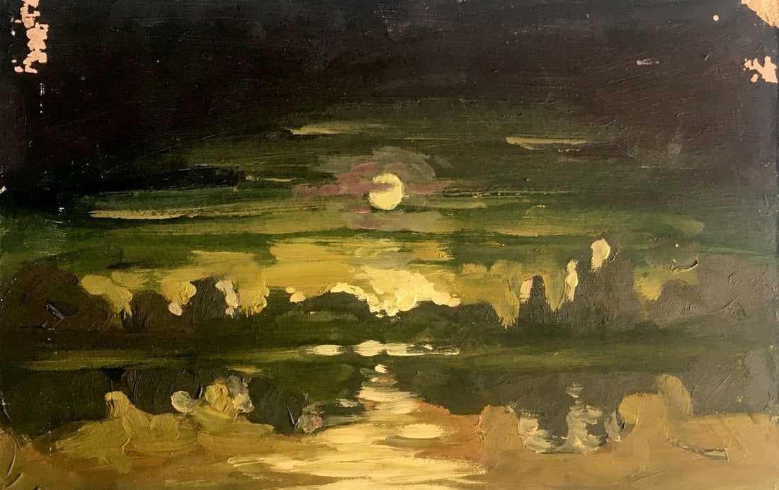 Oil painting Closer to the night Svetlana Gramm: Title: Oil painting Closer to the night Svetlana Gramm Description: NoAAA2634 The oil painting captures a mesmerizing summer sunset, where the sky is a canvas of warm colors of gold. The sun is on