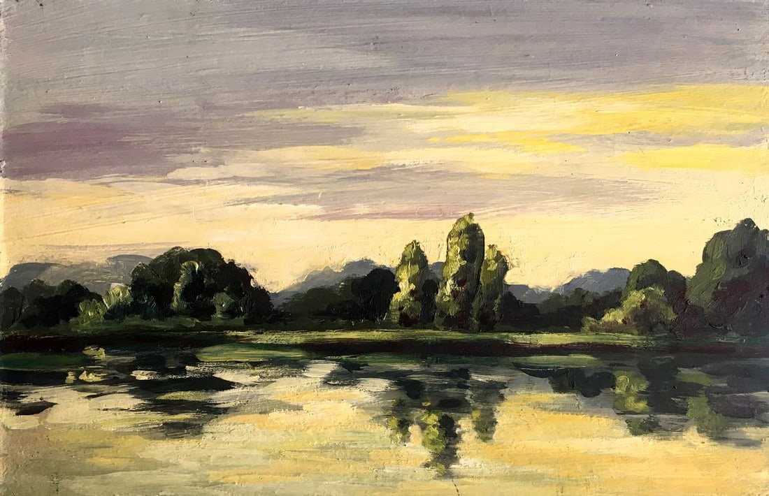 Oil painting Summer days Svetlana Gramm: Title: Oil painting Summer days Svetlana Gramm Description: NoAAA2635 The oil painting depicts a serene summer landscape with a river flowing gently in the foreground. The river is painted in shades