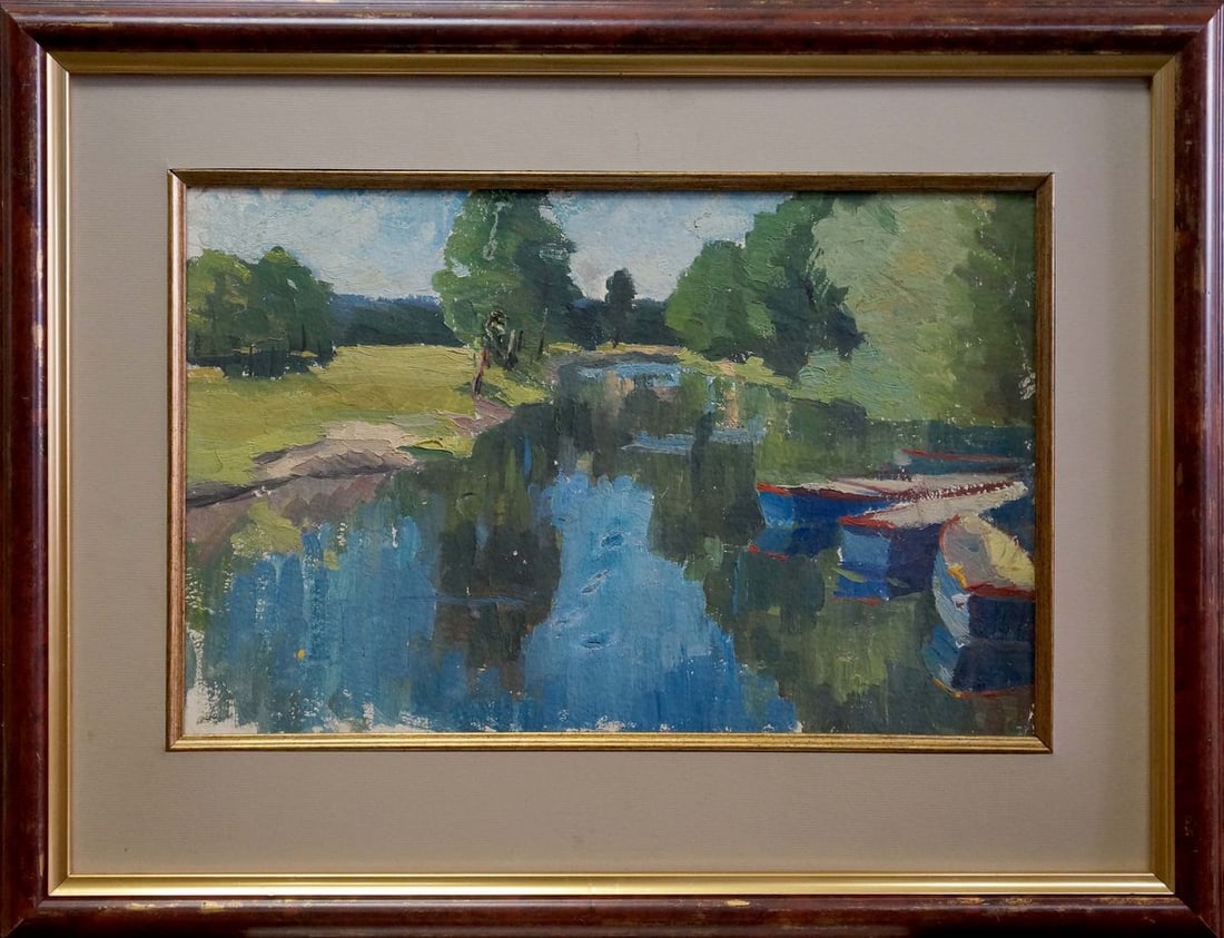 Oil painting River landscape: Title: Oil painting River landscape Description: NoVerns 736 *** ABOUT THIS PAINTING *** * TITLE: "River landscape" * ARTISTS: Unknown artist * SIZE: 23x35 cm/'9.05x13.77 inches' * MEDIUM: oil, cardbo