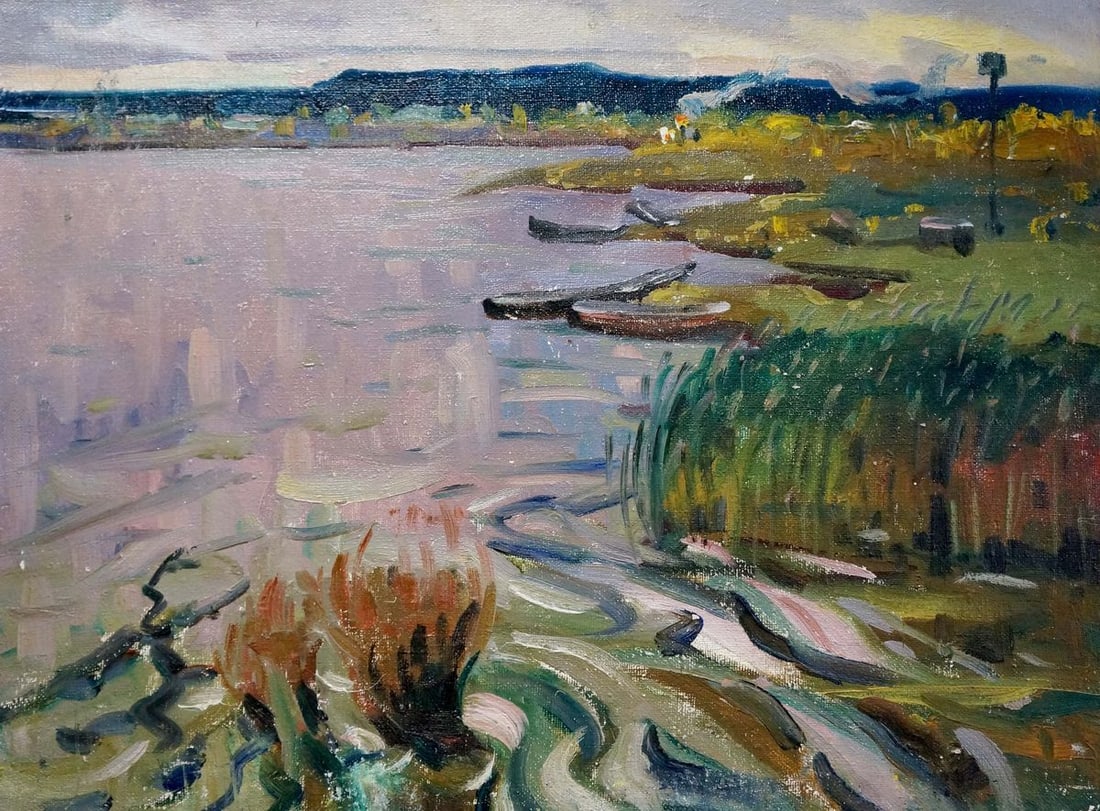 Oil painting River landscape: Title: Oil painting River landscape Description: NoVerns 886 *** ABOUT THIS PAINTING *** * TITLE: "River landscape" * ARTISTS: Unknown artist * SIZE: 60x80 cm/'23.62x31.49 inches' * MEDIUM: oil, canva