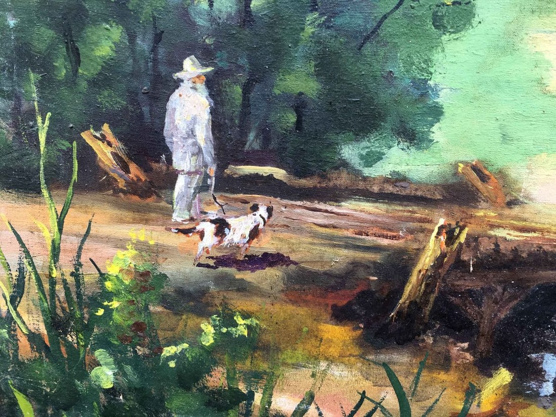 Oil painting grandpa with a dog go along the path: Title: Oil painting grandpa with a dog go along the path Description: No382 * TITLE: "Grandpa with a dog go along the path" * SIZE: 50x70 cm/'19,68x27,55 inches' * MEDIUM: oil, canvas * HAND PAINTED: 