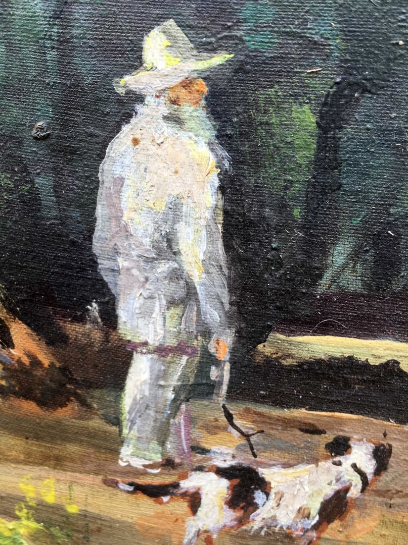 Oil painting grandpa with a dog go along the path - 4